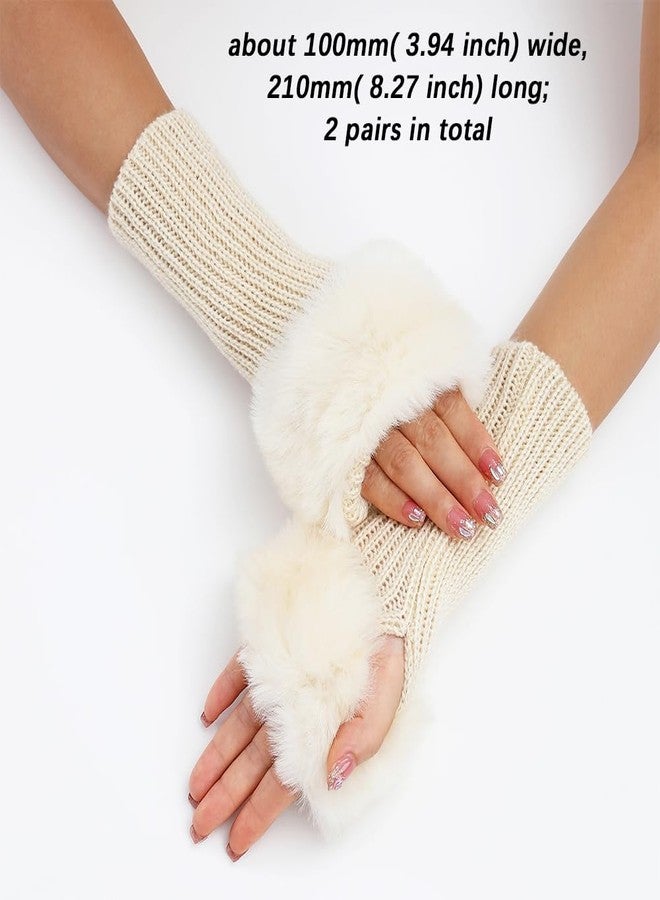 CABODYALS 2 Pairs White Furry Fingerless Gloves Soft Fluffy Thumb Hole Beige Knit Gloves Winter Knitted Crochet Arm Warmers Sleeves Faux Fur Knitting Wrist Hand Mittens Short Cuff for Women Driving - Image 2